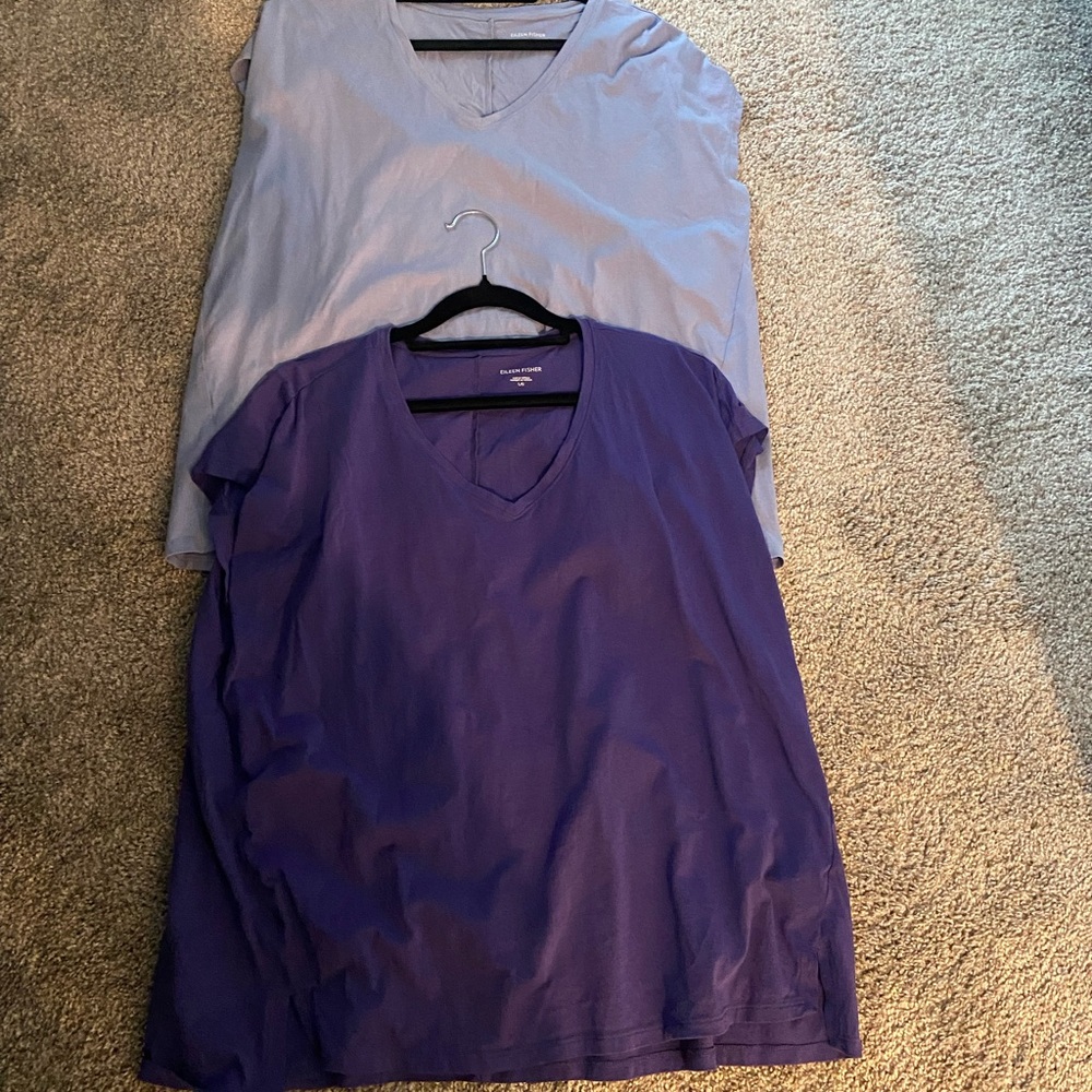 Eileen Fisher V-Neck Short Sleeve Tops - Light Blue and Purple